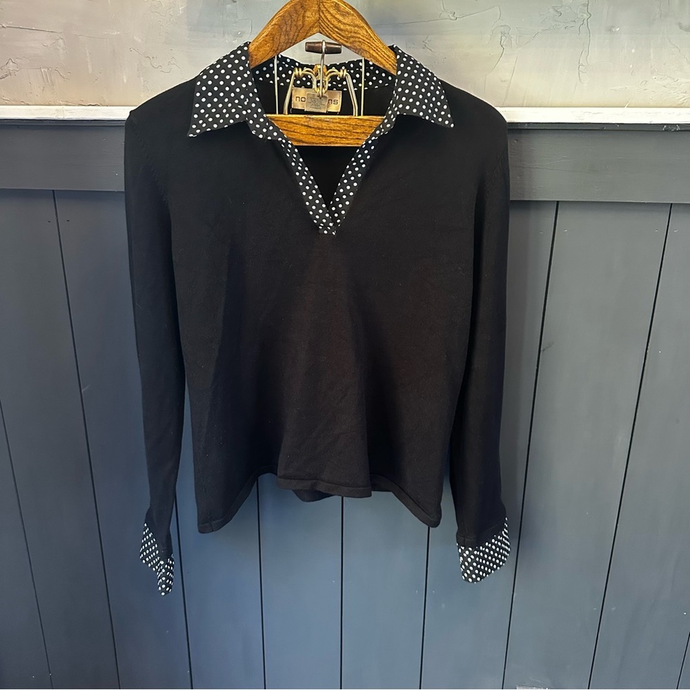 Notations‎ Black Long Sleeve Top with Polka Dot Collar and Hem sz XL